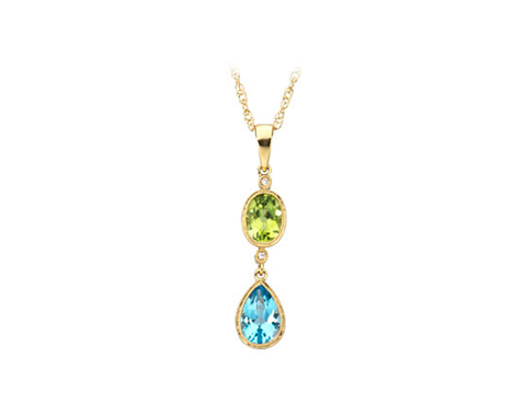 14k Yellow Gold Peridot, Blue Topaz and Diamond Pendant